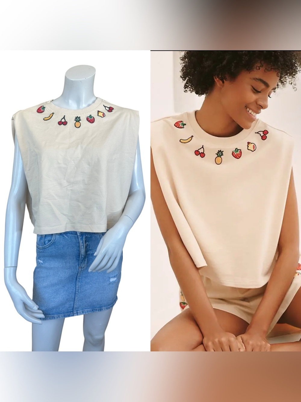 Anthropologie Celandine Beige Cropped Boxy Coney Fruit Print Trim Tee Small